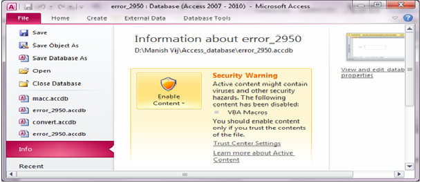 ms access back runtime error 2950